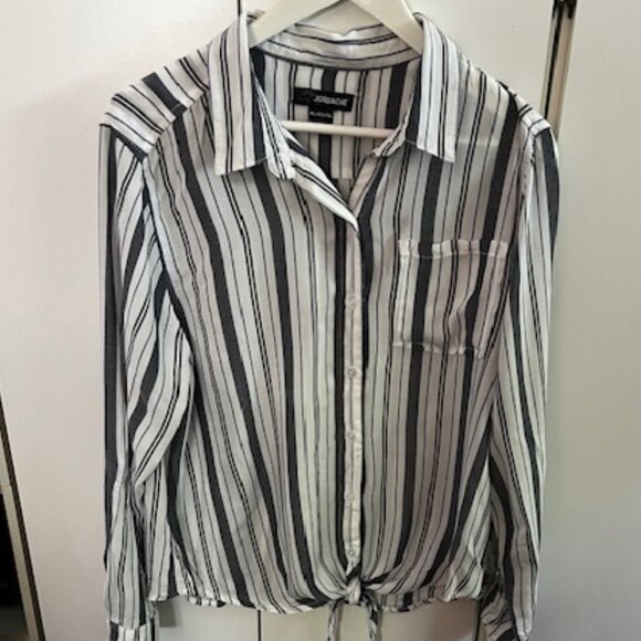 Closet Clearance Grey and White Button Down Long Sleeve Tie waist Shirt - Picture 1 of 11